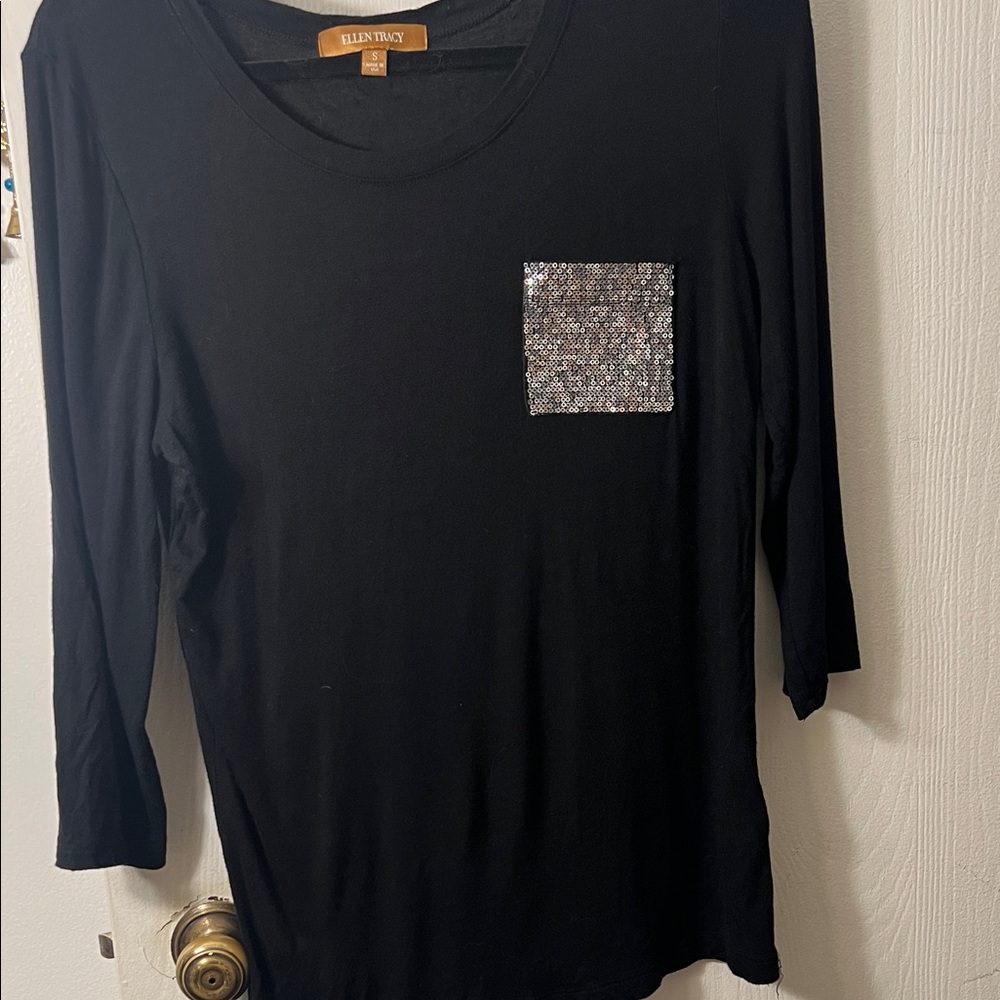 Ellen Tracy Black Long Sleeve Tee with Glittering Silver Pocket